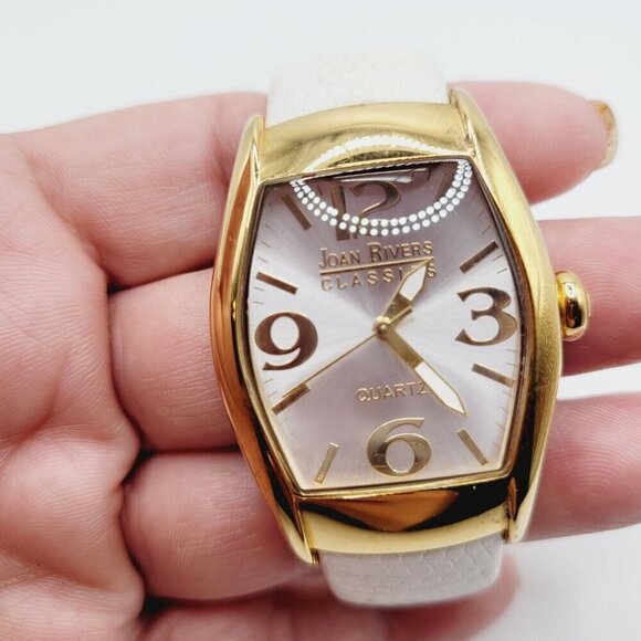 Joan Rivers Quartz Cuff Watch White Genuine Leather Band Gold Tone - Picture 3 of 11